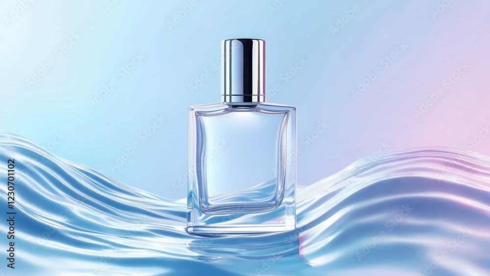 Clear glass perfume bottle resting on soft waves under a gradient backdrop Clear glass perfume bottle resting on soft waves under a gradient backdrop