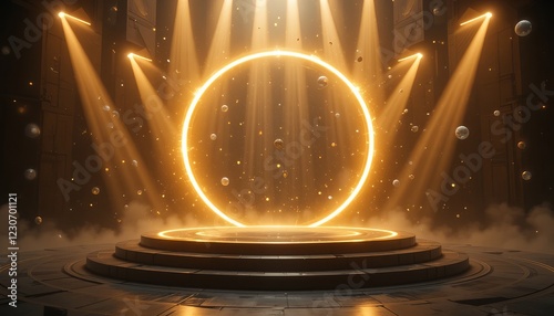 Golden light rays background with a round podium for product presentation or a stage for the award ceremony - Generative AI