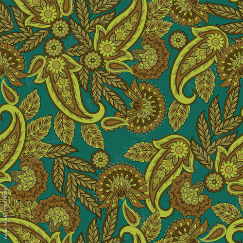 Floral fabric background with paisley ornament. Seamless vector pattern