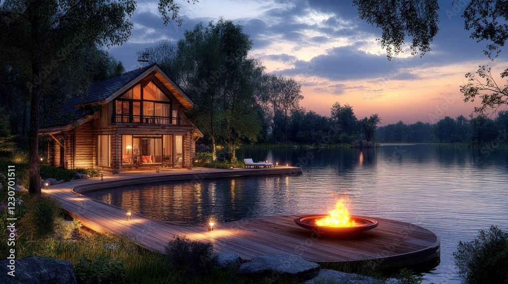 Fototapeta premium Lakeside Log Cabin Retreat Evening Ambiance