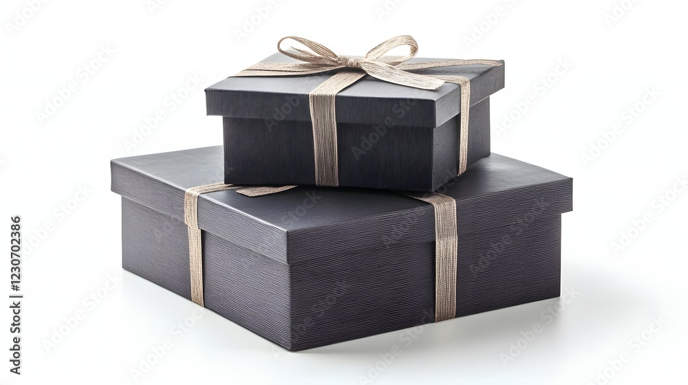 Naklejka premium Two black gift boxes with beige ribbon, stacked.