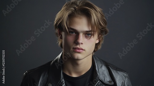 Young Man Wearing a Black Leather Jacket