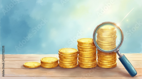 Watercolor Illustration of Golden Coins Stacked in Ascending Order on a Polished Wooden Surface