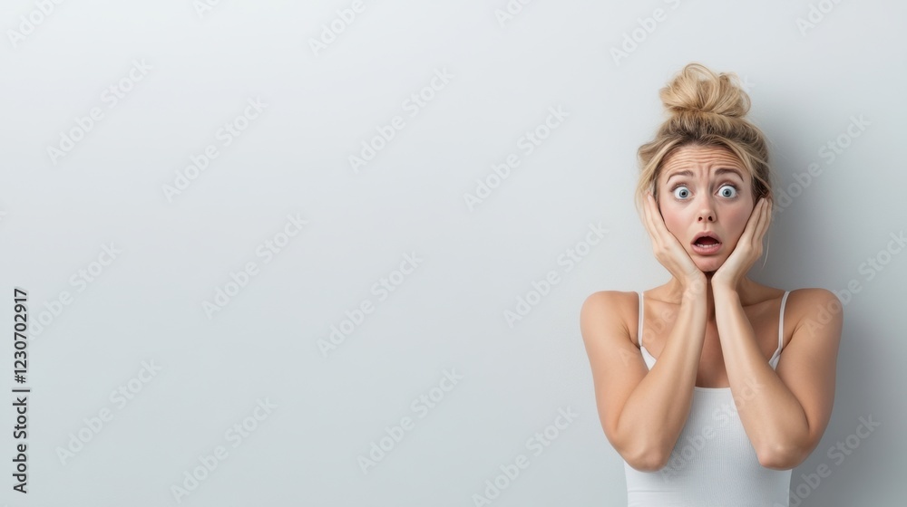 Fototapeta premium Young woman expressing shock and disbelief while standing against a light gray background with raised hands on face