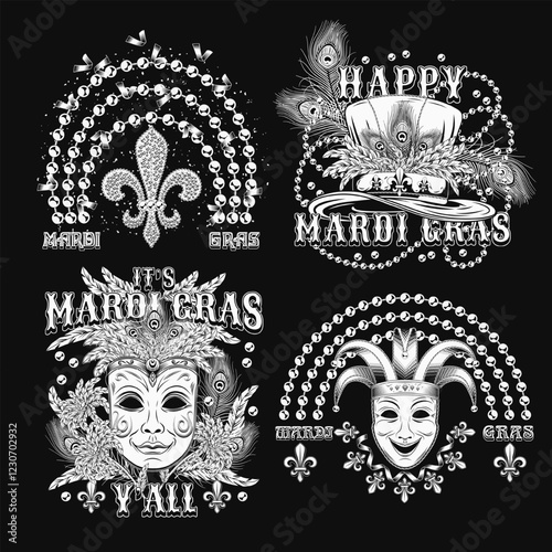 Carnival Mardi Gras labels with masquerade masks, beads, feathers, text. Black and white vintage illustrations on black background. For prints, clothing, t shirt, holiday goods design