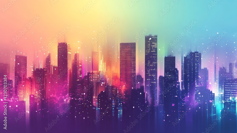 Fototapeta premium A stunning abstract cityscape featuring colorful skyscrapers and glittering lights, creating a vibrant urban atmosphere.