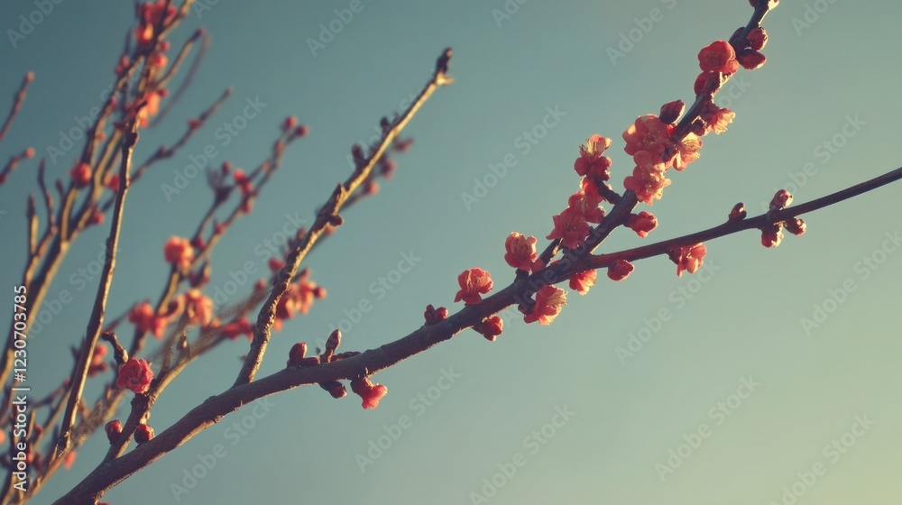 Delicate Peach Blossoms Branching Against A Clear Sky Delicate Peach Blossoms Branching Against A Clear Sky