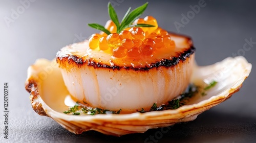 A beautifully plated scallop dish featuring vibrant caviar and fresh herbs, presented in a unique seashell, illustrating fine culinary craftsmanship. photo