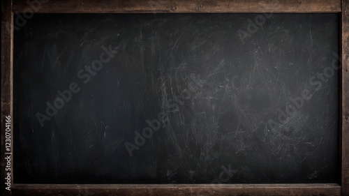 Dark black textured chalkboard with white chalk stains in the aged wooden frame. Grunge blackboard texture wallpaper design. Dirty black board wall background.	