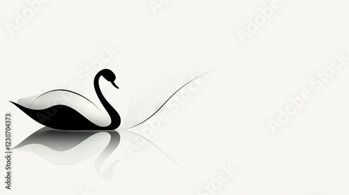 Fototapeta Naklejka Na Ścianę i Meble -    Black-and-white photo of a swan on white background, with swan's reflection mirrored in water