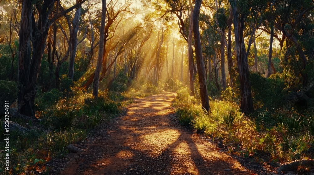 Fototapeta premium Sunbeams illuminate a dirt path through a lush forest.