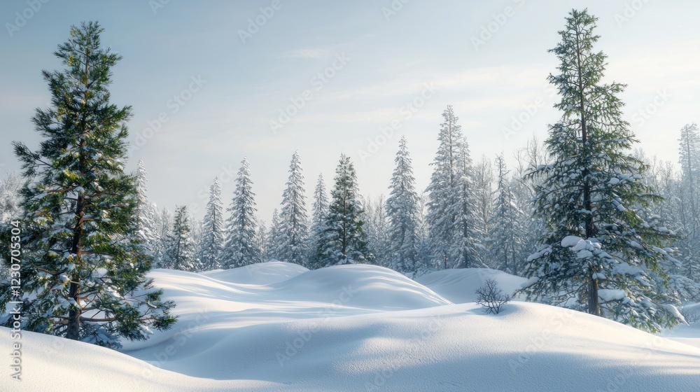 Fototapeta premium Snow-covered pine forest on a sunny winter day.