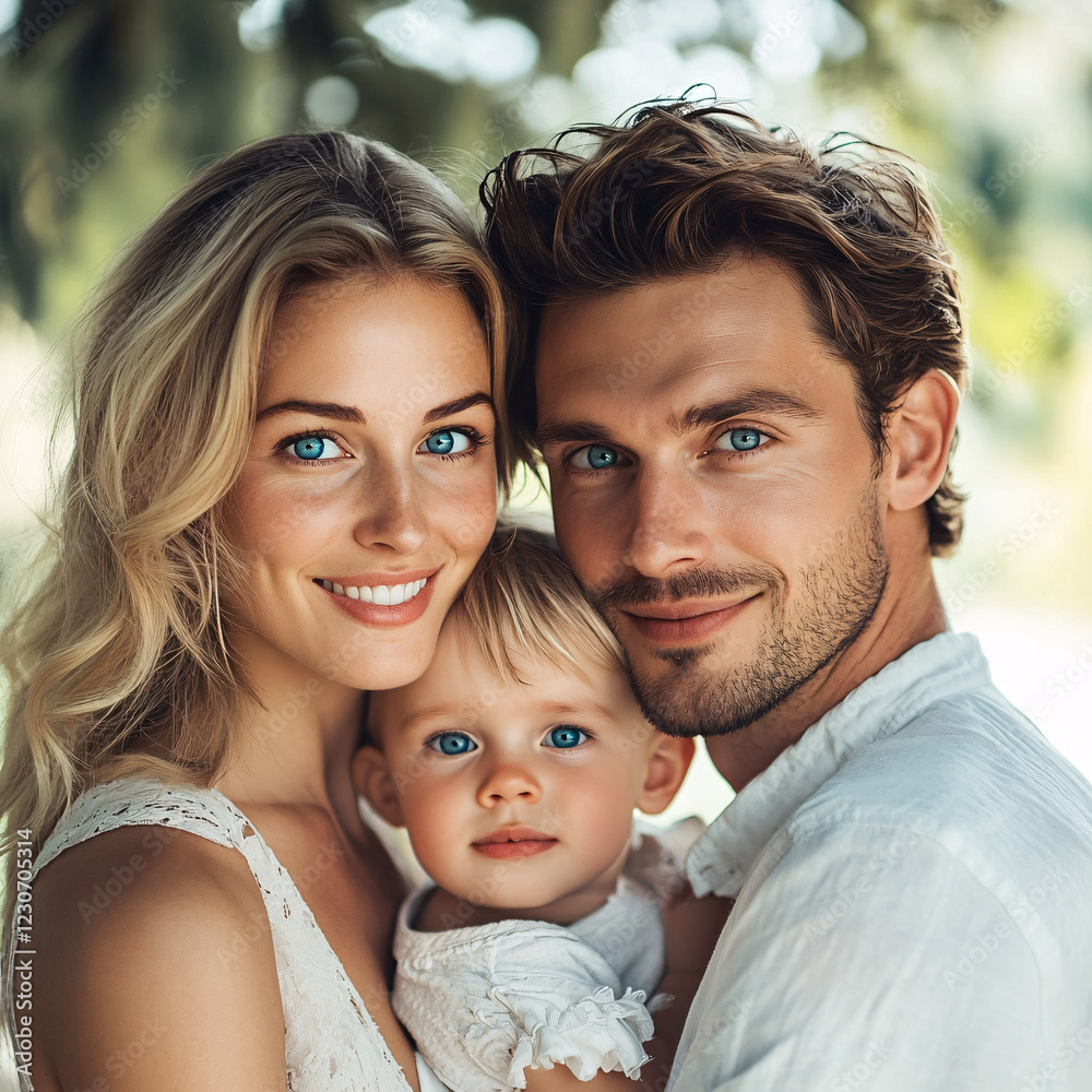 Fototapeta premium Happy Family Portrait of a Smiling Couple with Their Child, Warm and Emotional Photography Depicting Love, Connection, and Togetherness