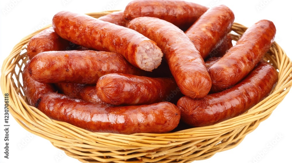 A basket of deep-fried sausages with crunchy coating. A basket of deep-fried sausages with crunchy coating.