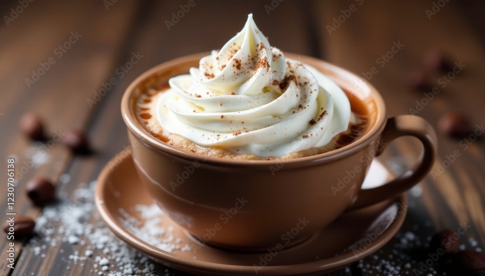 White fluffy whipped cream on top of hot chocolate, whipped cream, white White fluffy whipped cream on top of hot chocolate, whipped cream, white