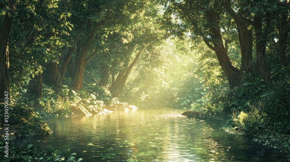 Obraz premium Sunlit stream flows through lush green forest. (1)