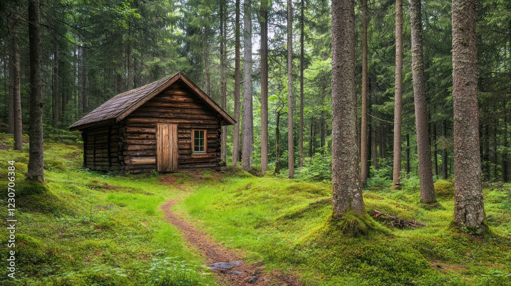 Wooden Cabin Nestled Within Lush Green Forest Wooden Cabin Nestled Within Lush Green Forest