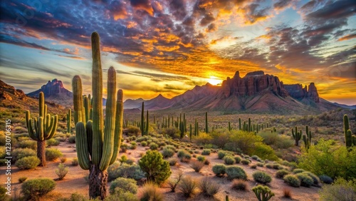 Desert sunset over Sahuaro cactus landscape with rocky hills and spiky flora, desert landscape photo