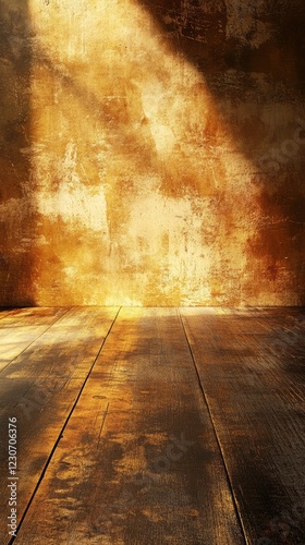 Sunlight casts a warm glow on a rustic wooden floor and textured wall, creating a cozy vintage ambiance.