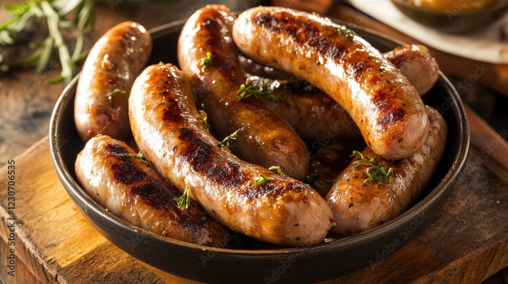 A bowl of fried sausages with a crispy crust, ready for snacking. A bowl of fried sausages with a crispy crust, ready for snacking.