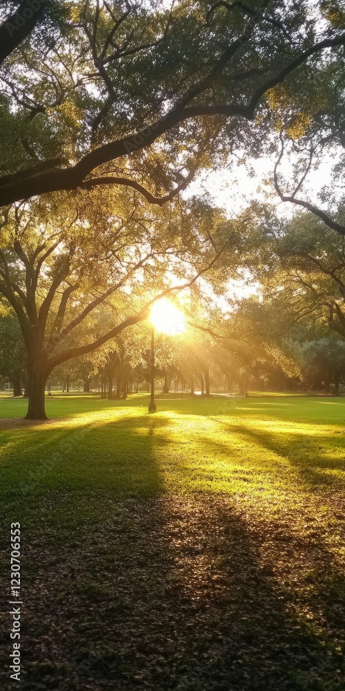 Naklejka premium Sunlight filters through trees in a peaceful park, casting golden rays on the lush green grass.