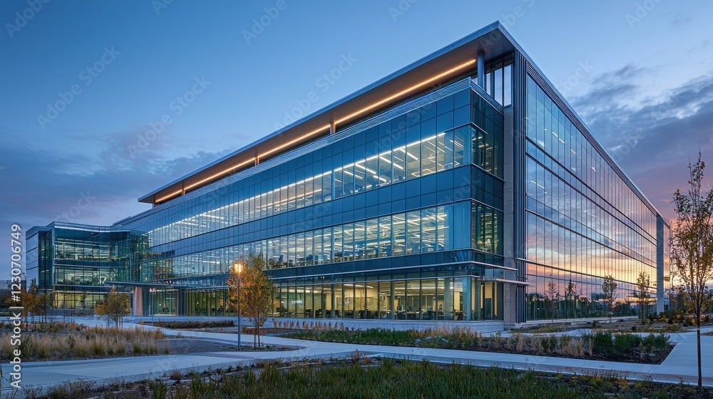 Obraz premium Modern glass office building at dusk. (1)