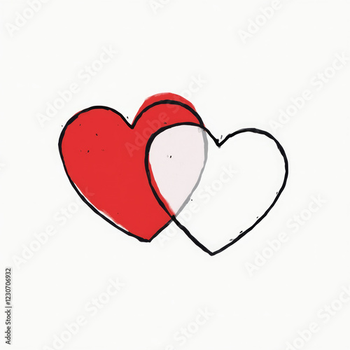 Two Overlapping Hearts of the Same Size, One Red and One White, Outlined in Black, Creating a Symmetrical Contrast