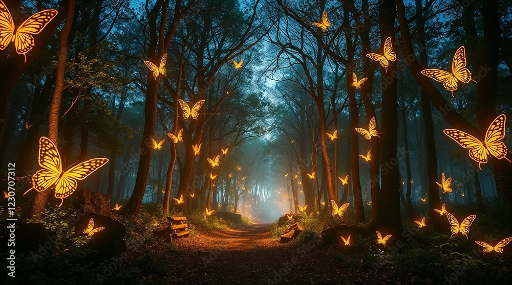 Fototapeta premium Enchanted Forest With Glowing Butterflies at Twilight