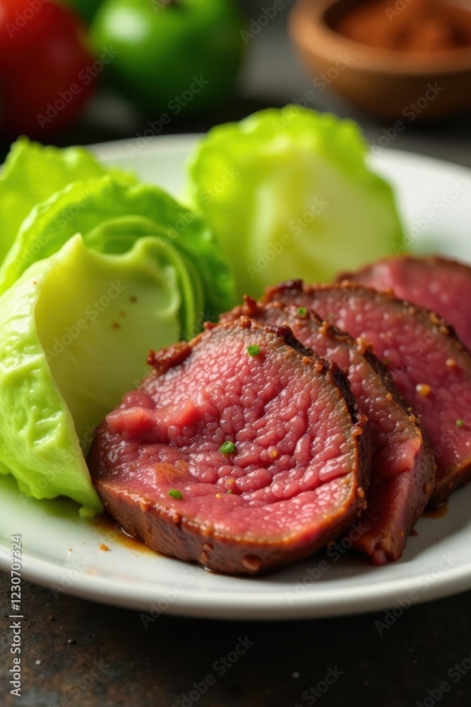 Tender corned beef, vibrant green cabbage wedges , recipe, high resolution, knife Tender corned beef, vibrant green cabbage wedges , recipe, high resolution, knife
