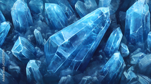 Blue crystal mineral stones with a seamless background, showing the textured shiny surface of precious and semi-precious stones. Crystal Fields. Illustration