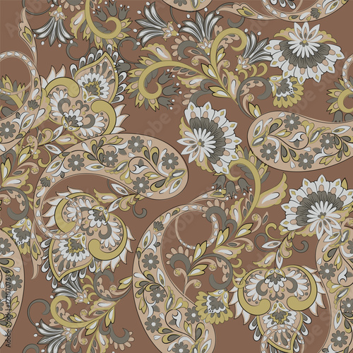 Paisley vector seamless design featuring stunning flowers and leaves in a batik-inspired style. Vintage backdrop