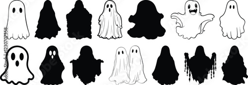 Ghost silhouettes set, spirit pack of vector silhouette design, isolated background