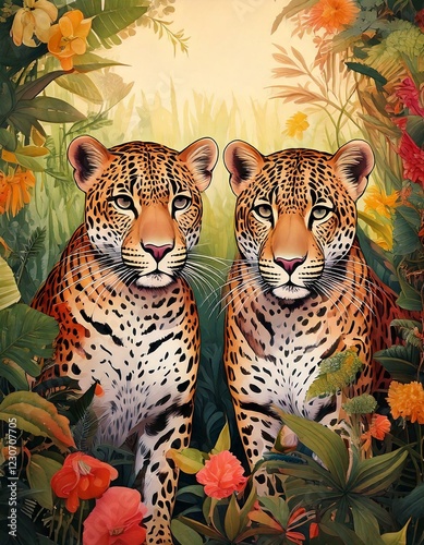 vintage style art of two leopards in a forest 