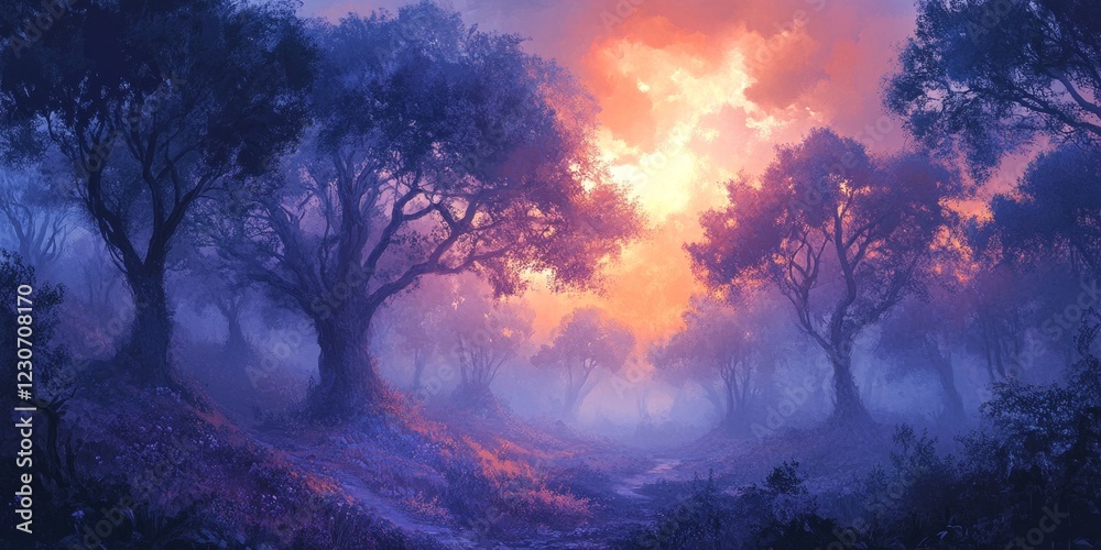 Obraz premium Enchanted Forest Sunset Landscape Painting