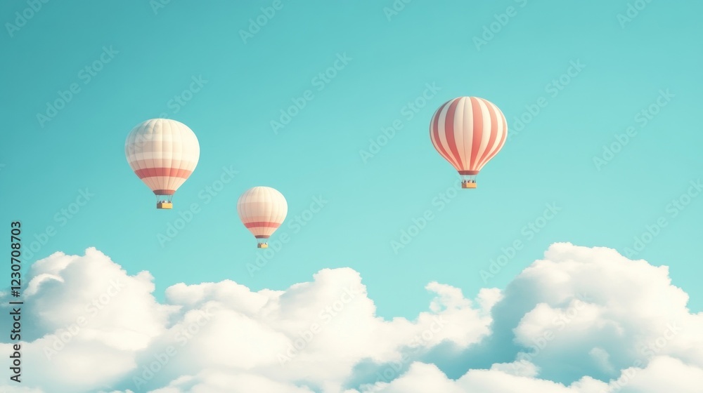 Fototapeta premium Three Hot Air Balloons Soar Above Fluffy Clouds