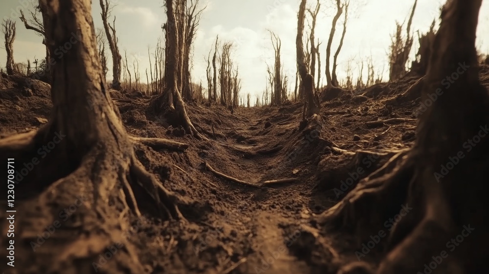 This image captures a haunting landscape of dead trees with exposed roots, showcasing an environment affected by decay and devastation under warm dusk light. This image captures a haunting landscape of dead trees with exposed roots, showcasing an environment affected by decay and devastation under warm dusk light.