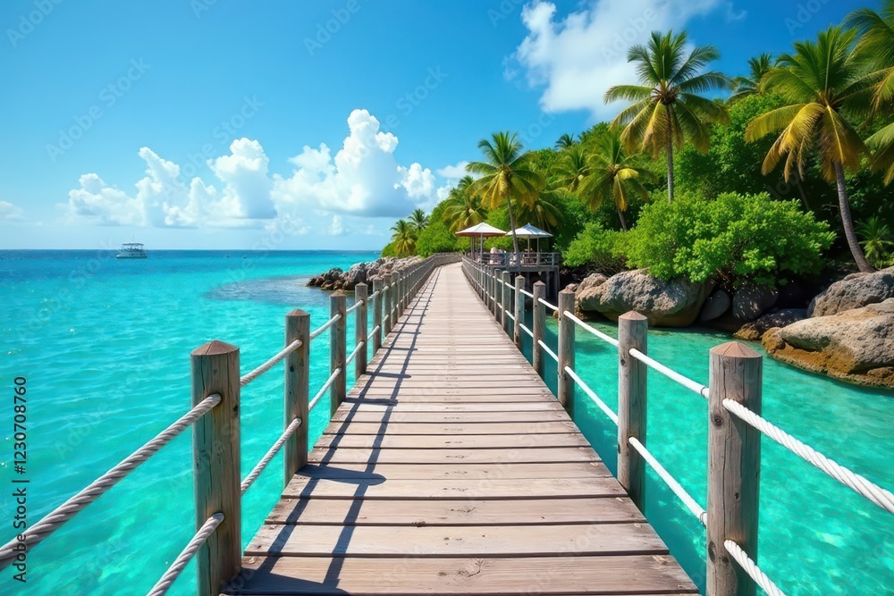 Vibrant rope footbridge over turquoise Caribbean water, tropical, exotic, sea Vibrant rope footbridge over turquoise Caribbean water, tropical, exotic, sea