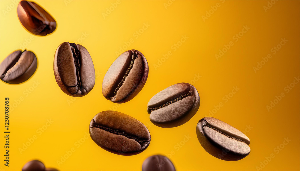 floating coffee beans captured against a vibrant yellow background perfect for themes of energy coffee culture and modern beverage advertising floating coffee beans captured against a vibrant yellow background perfect for themes of energy coffee culture and modern beverage advertising