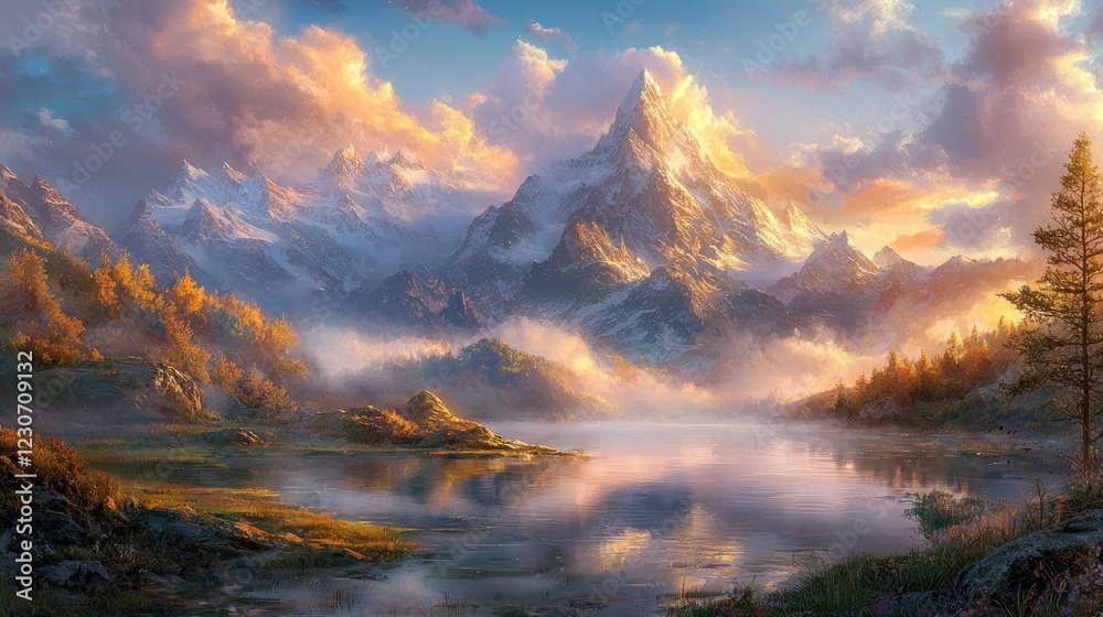 Obraz premium Majestic sunrise over a serene mountain lake.