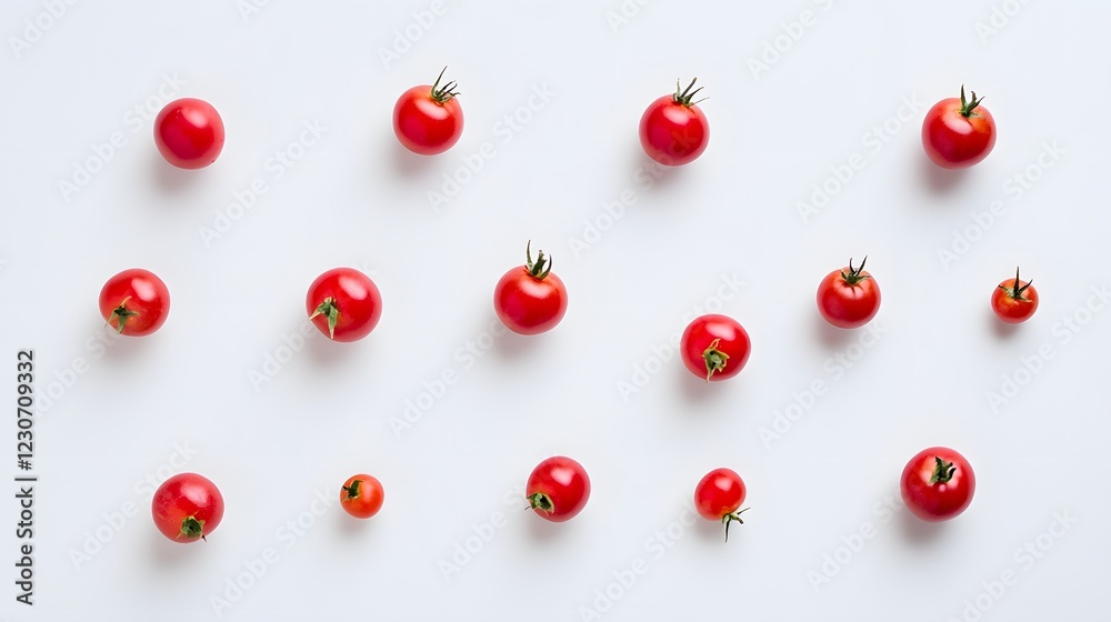 Red tomatoes arranged on a white background in a visually appealing pattern. Red tomatoes arranged on a white background in a visually appealing pattern.