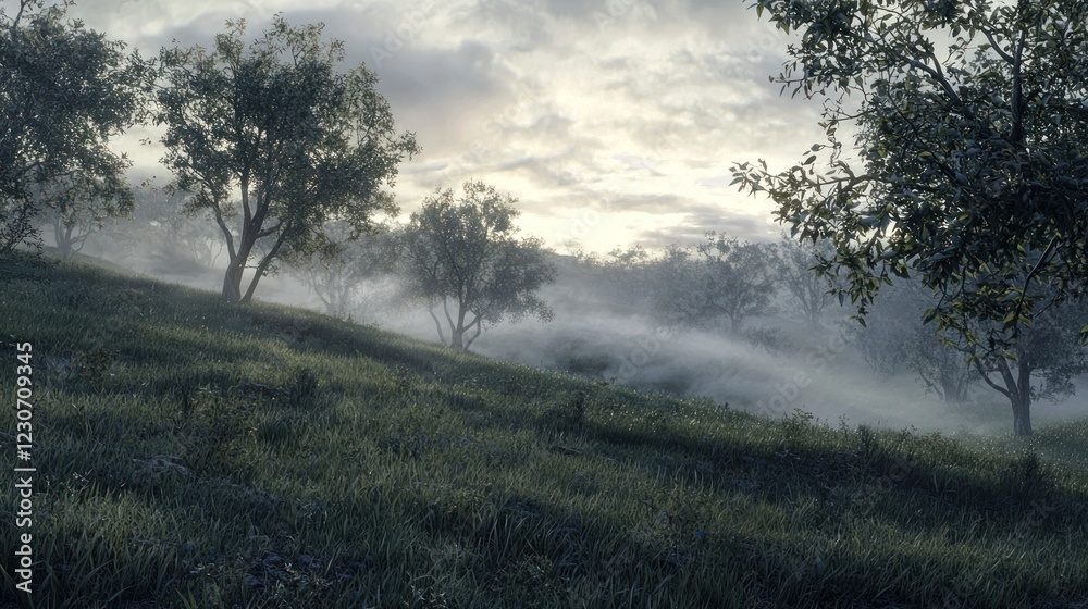 Misty morning landscape with trees on a grassy hill. Misty morning landscape with trees on a grassy hill.
