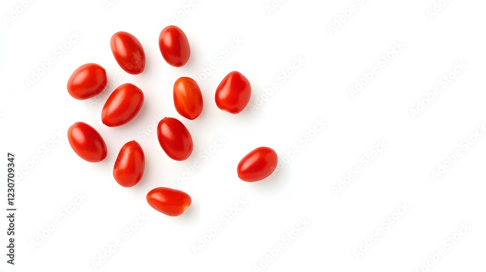 A scattering of ripe red cherry tomatoes on a white background. A scattering of ripe red cherry tomatoes on a white background.