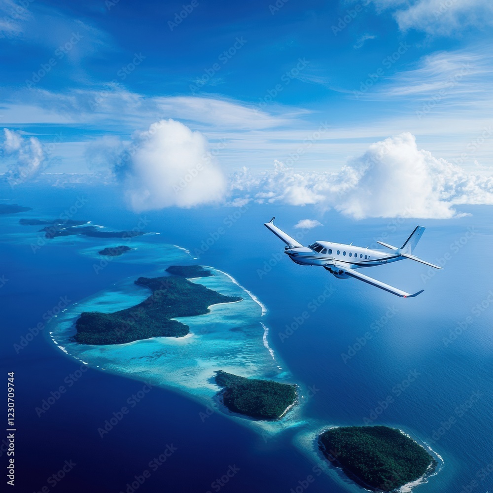 Obraz premium Airplane gliding over vast blue ocean with scattered islands below on a clear day. Generative AI
