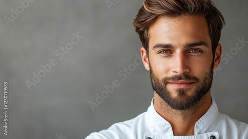 Confident male chef smiling in a professional kitchen setting with a neutral background photo