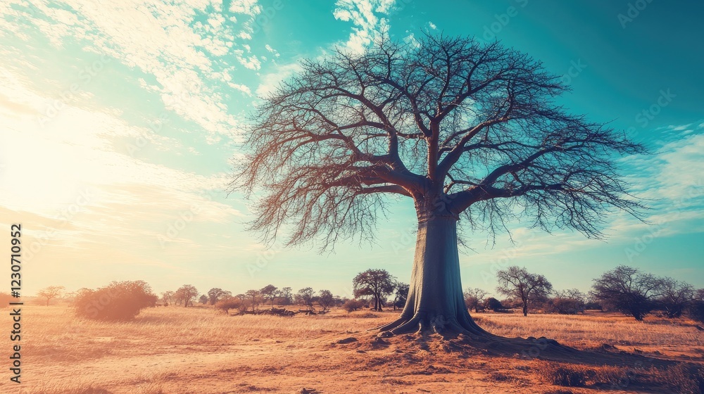 A large baobab tree with a thick, bottle-shaped trunk standing alone in a desert.