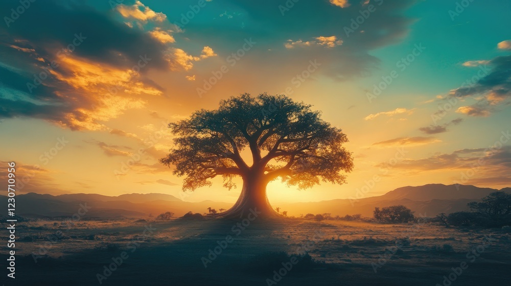 A large baobab tree with a thick, bottle-shaped trunk standing alone in a desert. A large baobab tree with a thick, bottle-shaped trunk standing alone in a desert.