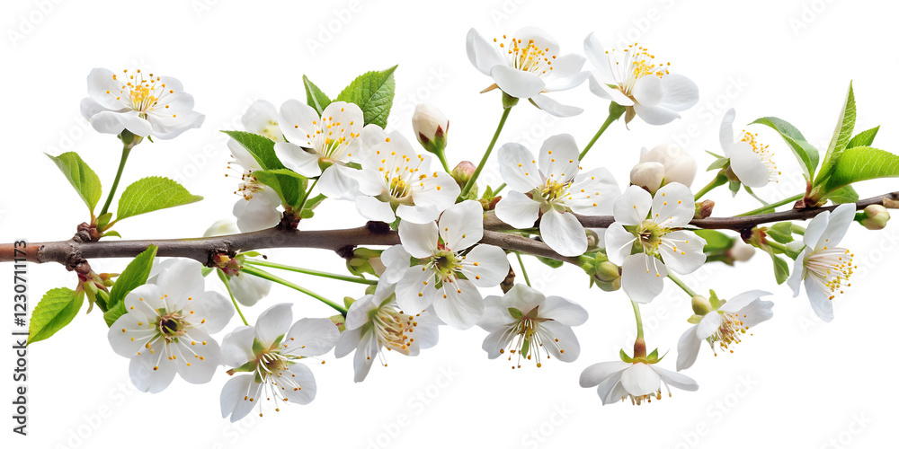 Fototapeta premium blossoming cherry branch, cut out on the white background, soft focus