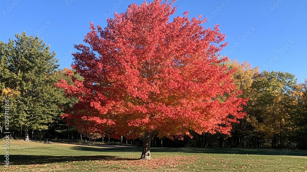 Naklejka premium A large maple tree with brilliant red leaves standing in a serene park.