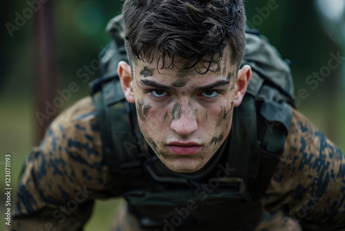 Young soldier with camouflage face paint, staring forward with unwavering focus.