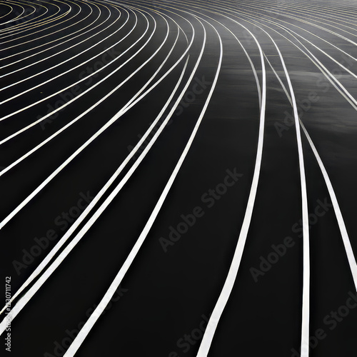 Track and Field Running Lanes. Overhead view of a rubber black running track surface with white lane lines. The lane lines create beautiful geometric shape patterns. photo